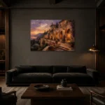 Sunset Terrace Mediterranean Architecture Wall Art Canvas Print shown in a warm modern interior