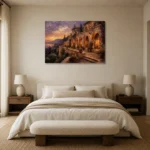 Sunset Terrace Mediterranean Architecture Wall Art Canvas Print showcased in an elegant minimalist interior