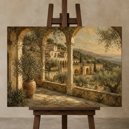Olive Vista Mediterranean Architecture Wall Art Canvas Print displayed on a studio easel