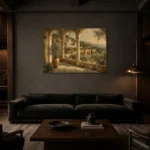 Olive Vista Mediterranean Architecture Wall Art Canvas Print shown in a warm modern interior