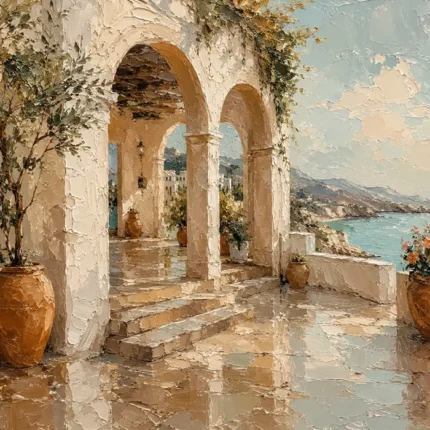 Luminous Sea Terrace Mediterranean Architecture Wall Art Canvas Print