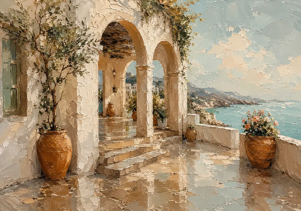Luminous Sea Terrace Mediterranean Architecture Wall Art Canvas Print