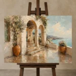 Luminous Sea Terrace Mediterranean Architecture Wall Art Canvas Print displayed on a studio easel
