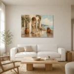 Luminous Sea Terrace Mediterranean Architecture Wall Art Canvas Print styled in a refined neutral interior
