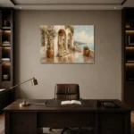 Luminous Sea Terrace Mediterranean Architecture Wall Art Canvas Print displayed in a contemporary gallery-inspired room