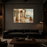 Luminous Sea Terrace Mediterranean Architecture Wall Art Canvas Print shown in a warm modern interior