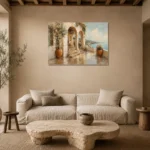 Luminous Sea Terrace Mediterranean Architecture Wall Art Canvas Print presented in a sophisticated home setting