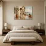 Luminous Sea Terrace Mediterranean Architecture Wall Art Canvas Print showcased in an elegant minimalist interior