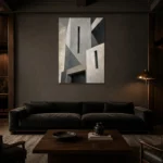 Geometric Concrete Modern Architecture Wall Art Canvas Print shown in a warm modern interior