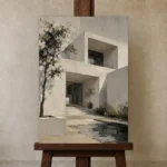 Ivory Courtyard Modern Architecture Wall Art Canvas Print displayed on a studio easel