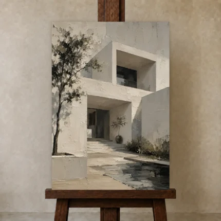 Ivory Courtyard Modern Architecture Wall Art Canvas Print shown in Studio Easel