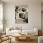 Ivory Courtyard Modern Architecture Wall Art Canvas Print styled in a refined neutral interior