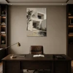 Ivory Courtyard Modern Architecture Wall Art Canvas Print displayed in a contemporary gallery-inspired room