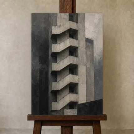 Concrete Stairwell Modern Architecture Wall Art Canvas Print shown in Studio Easel