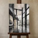 Black Steel Atrium Modern Architecture Wall Art Canvas Print displayed on a studio easel