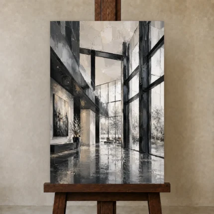 Black Steel Atrium Modern Architecture Wall Art Canvas Print shown in Studio Easel