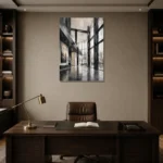 Black Steel Atrium Modern Architecture Wall Art Canvas Print displayed in a contemporary gallery-inspired room