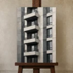 Stacked Balcony Modern Architecture Wall Art Canvas Print displayed on a studio easel