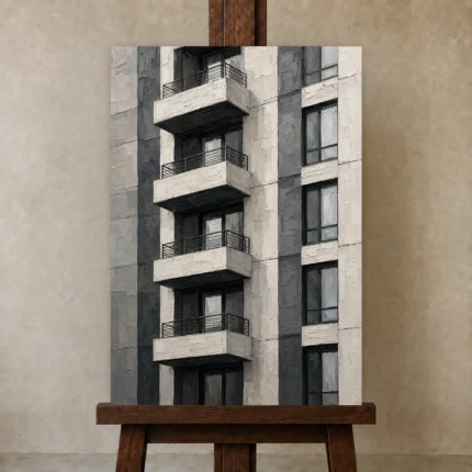 Stacked Balcony Modern Architecture Wall Art Canvas Print shown in Studio Easel
