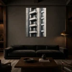 Stacked Balcony Modern Architecture Wall Art Canvas Print shown in a warm modern interior