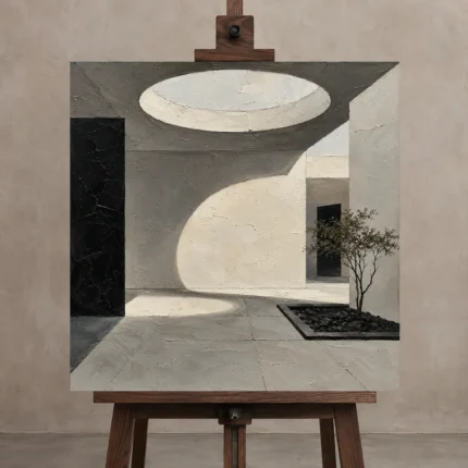 Oculus Courtyard Modern Architecture Wall Art Canvas Print displayed on a studio easel