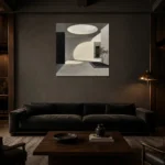 Oculus Courtyard Modern Architecture Wall Art Canvas Print shown in a warm modern interior