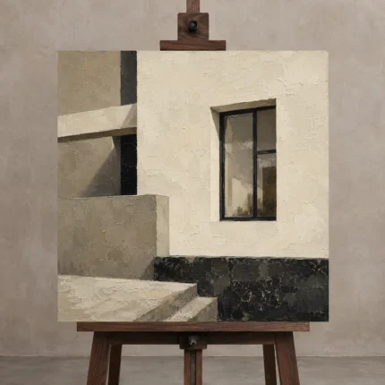 Ivory Facade Modern Architecture Wall Art Canvas Print displayed on a studio easel