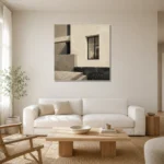 Ivory Facade Modern Architecture Wall Art Canvas Print styled in a refined neutral interior