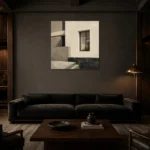 Ivory Facade Modern Architecture Wall Art Canvas Print shown in a warm modern interior