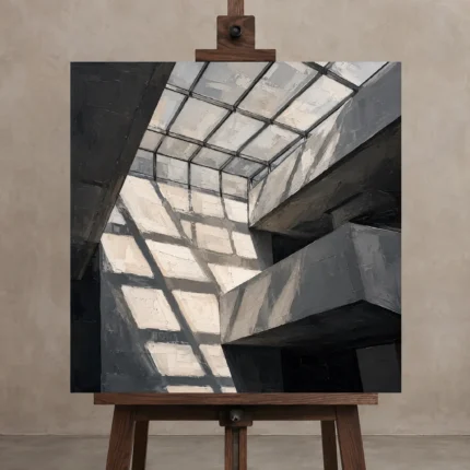 Skylight Grid Modern Architecture Wall Art Canvas Print displayed on a studio easel