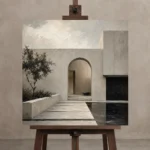 Arched Courtyard Modern Architecture Wall Art Canvas Print displayed on a studio easel