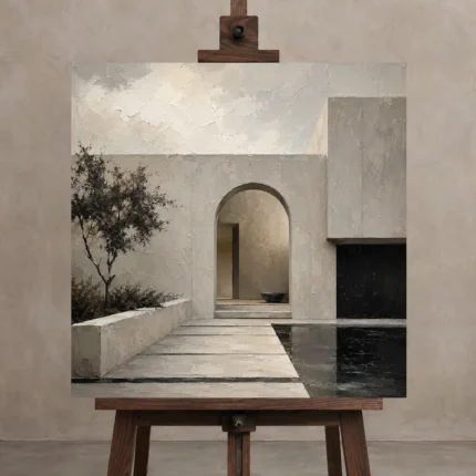 Arched Courtyard Modern Architecture Wall Art Canvas Print shown in Studio Easel