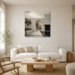 Arched Courtyard Modern Architecture Wall Art Canvas Print styled in a refined neutral interior