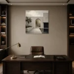 Arched Courtyard Modern Architecture Wall Art Canvas Print displayed in a contemporary gallery-inspired room