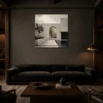 Arched Courtyard Modern Architecture Wall Art Canvas Print shown in a warm modern interior