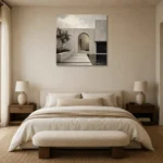 Arched Courtyard Modern Architecture Wall Art Canvas Print showcased in an elegant minimalist interior