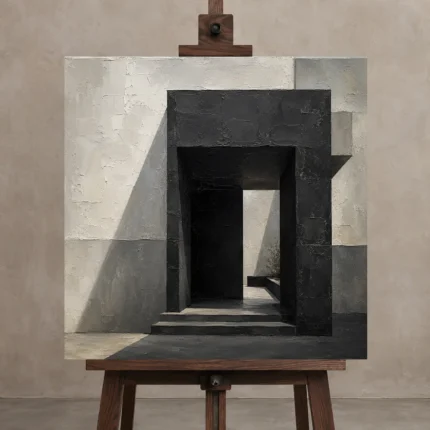 Black Portal Modern Architecture Wall Art Canvas Print shown in Studio Easel