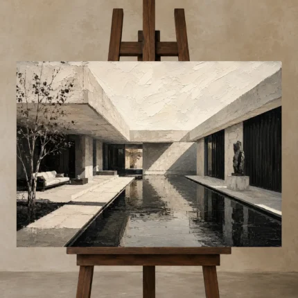 Reflective Villa Modern Architecture Wall Art Canvas Print displayed on a studio easel