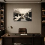 Reflective Villa Modern Architecture Wall Art Canvas Print displayed in a contemporary gallery-inspired room