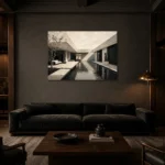 Reflective Villa Modern Architecture Wall Art Canvas Print shown in a warm modern interior