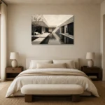 Reflective Villa Modern Architecture Wall Art Canvas Print showcased in an elegant minimalist interior