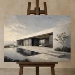 Mountain Villa Modern Architecture Wall Art Canvas Print displayed on a studio easel
