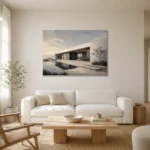 Mountain Villa Modern Architecture Wall Art Canvas Print styled in a refined neutral interior