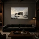 Mountain Villa Modern Architecture Wall Art Canvas Print shown in a warm modern interior