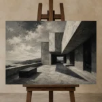 Coastal Terrace Modern Architecture Wall Art Canvas Print displayed on a studio easel