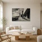 Coastal Terrace Modern Architecture Wall Art Canvas Print styled in a refined neutral interior