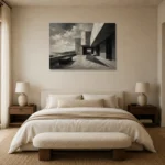 Coastal Terrace Modern Architecture Wall Art Canvas Print showcased in an elegant minimalist interior