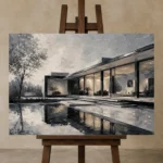 Glass Pavilion Modern Architecture Wall Art Canvas Print displayed on a studio easel