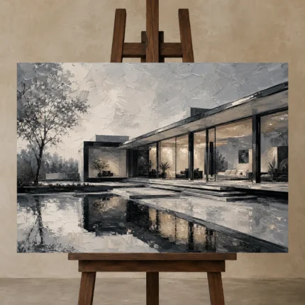 Glass Pavilion Modern Architecture Wall Art Canvas Print shown in Studio Easel
