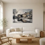 Glass Pavilion Modern Architecture Wall Art Canvas Print styled in a refined neutral interior